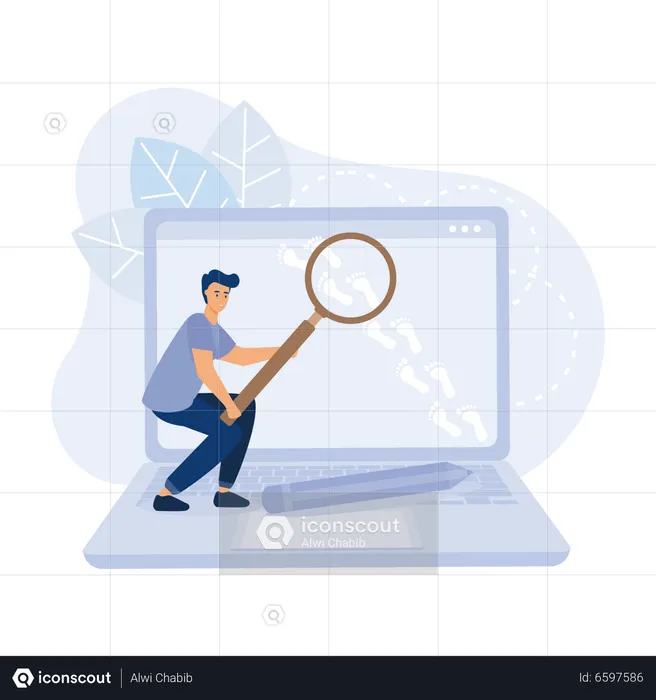 Businessman detective using magnifying glass to track visitor footpath on laptop  Illustration