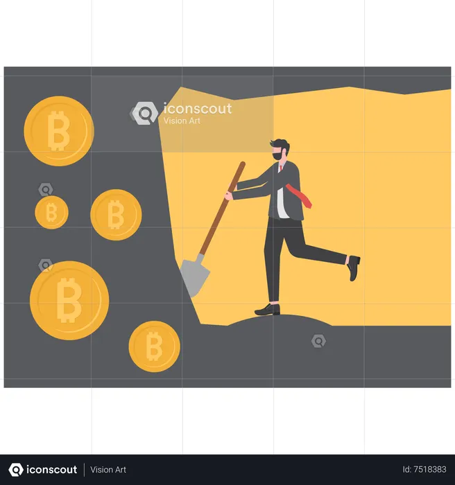 Businessman Digging Bitcoin with a shovel.  Illustration