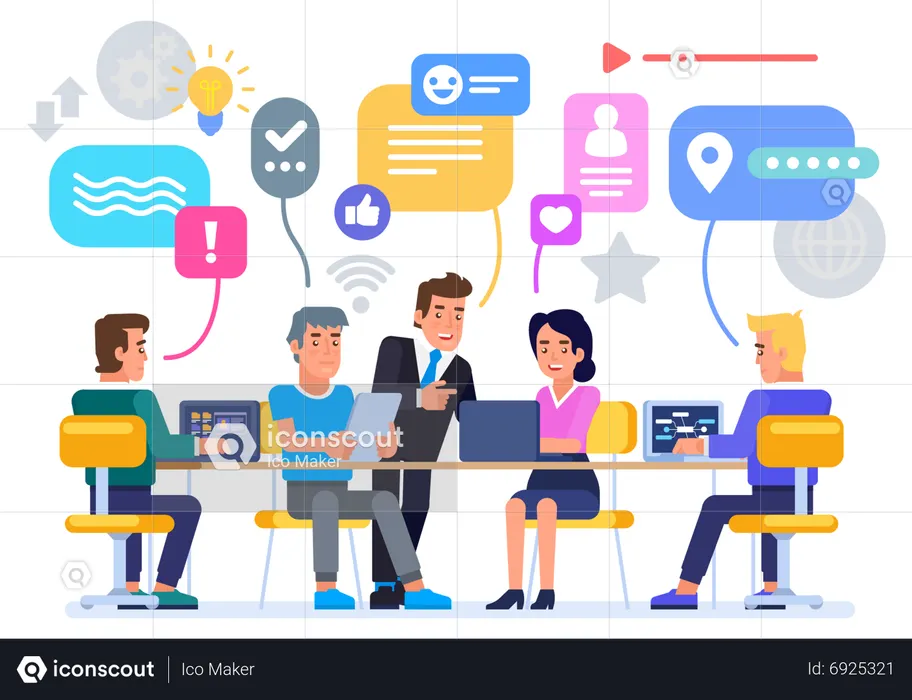 Businessman discussing about online community with employees  Illustration