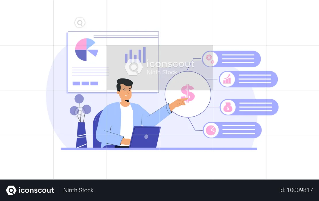 Businessman discussing financial charts with employees in meeting  Illustration