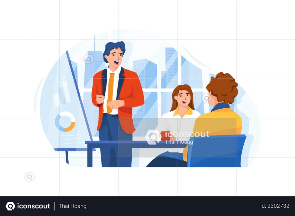 Businessman discussing marketing strategy with his employees  Illustration