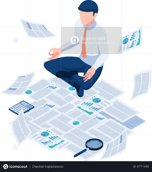 Businessman doing meditation and floating over paperwork  Illustration