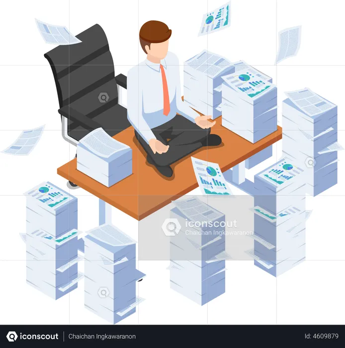 Businessman doing meditation on desk  Illustration