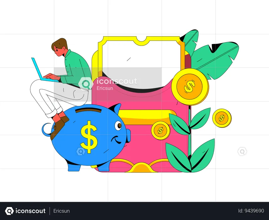 Businessman doing money online investments in piggy bank  Illustration