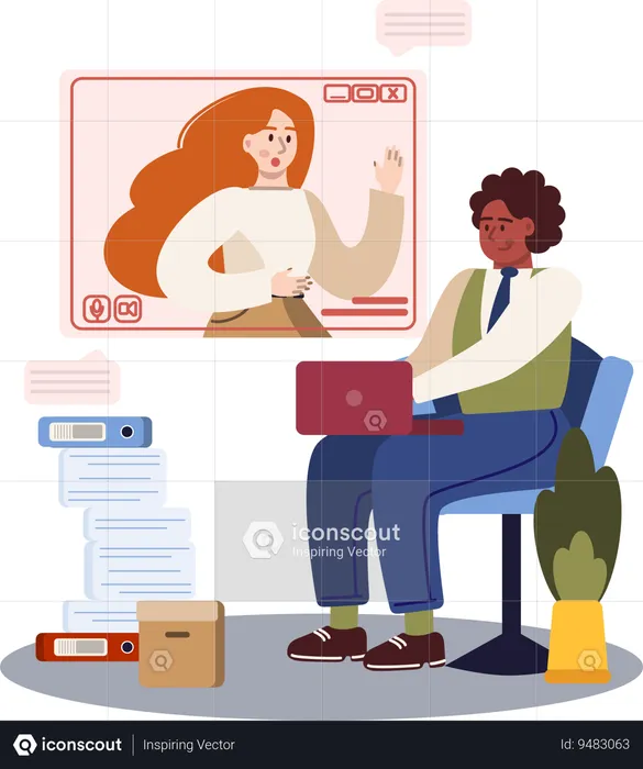 Businessman doing online meeting with female employee  Illustration