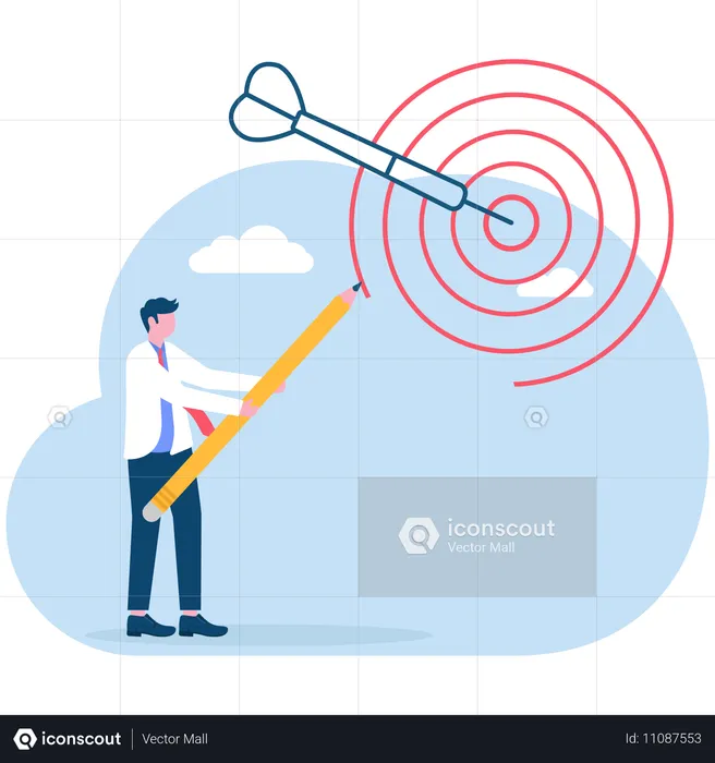 Businessman drawing dart board with arrows on target using pencil  Illustration