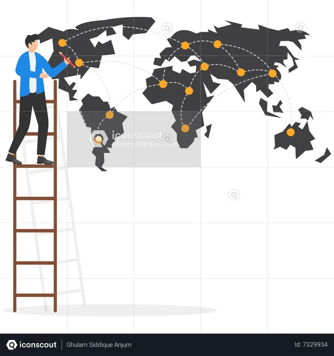 Businessman drawing world map and main points to expand new business.  Illustration