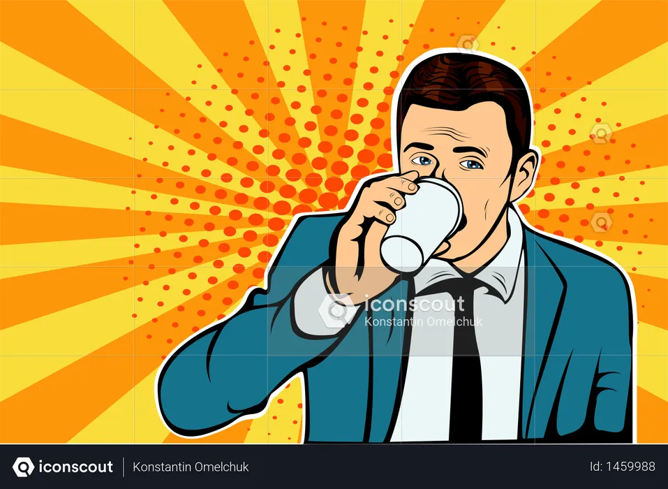 Businessman drinking Cup of coffee looking sideways. Vector illustration in pop art retro comic style.  Illustration