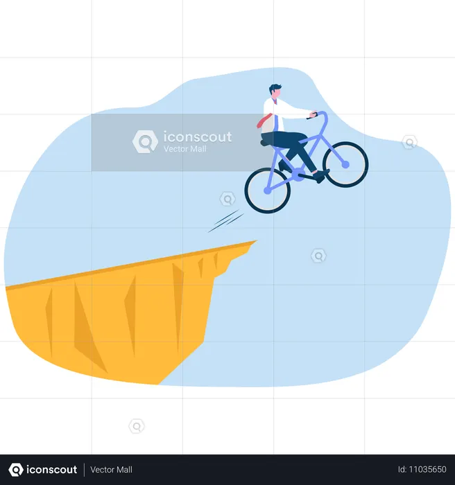 Businessman drives cycle and jumps off cliff  Illustration