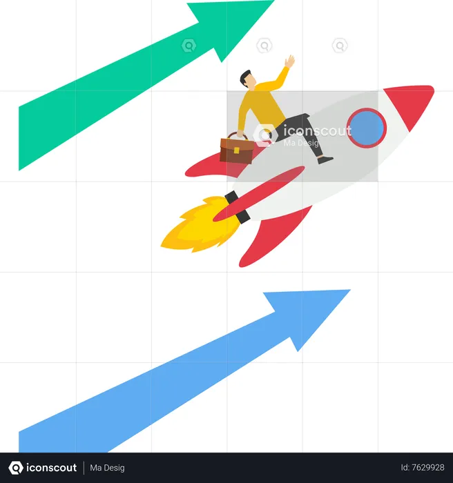 Businessman driving a rocket booster with growth arrows  Illustration