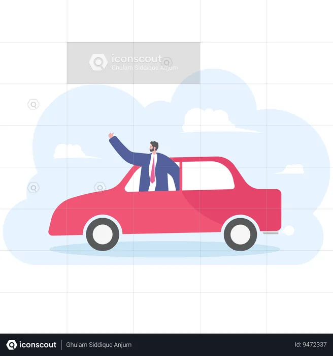 Businessman driving car and waving to someone.  Illustration