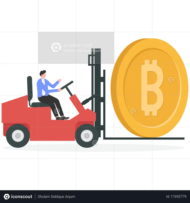 ビットコインを積んだフォークリフトを運転するビジネスマン  イラスト