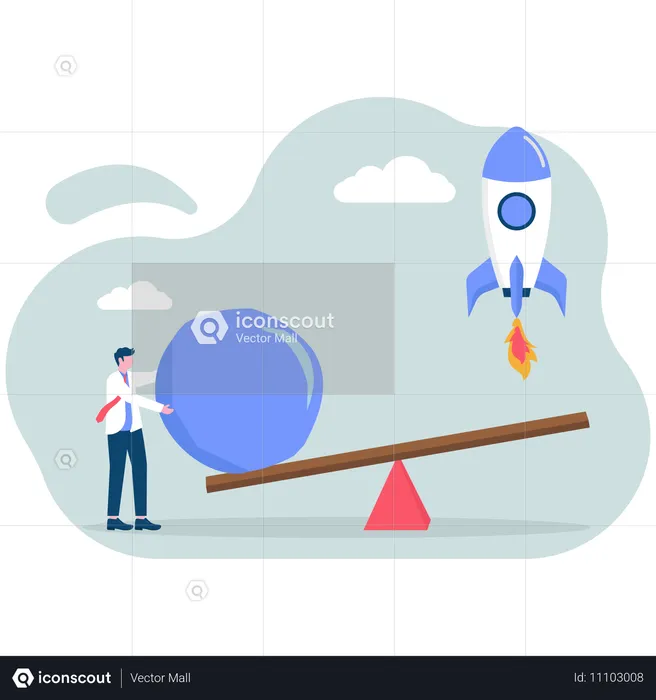 Businessman drop weights onto a seesaw to launch a startup business rocket  Illustration