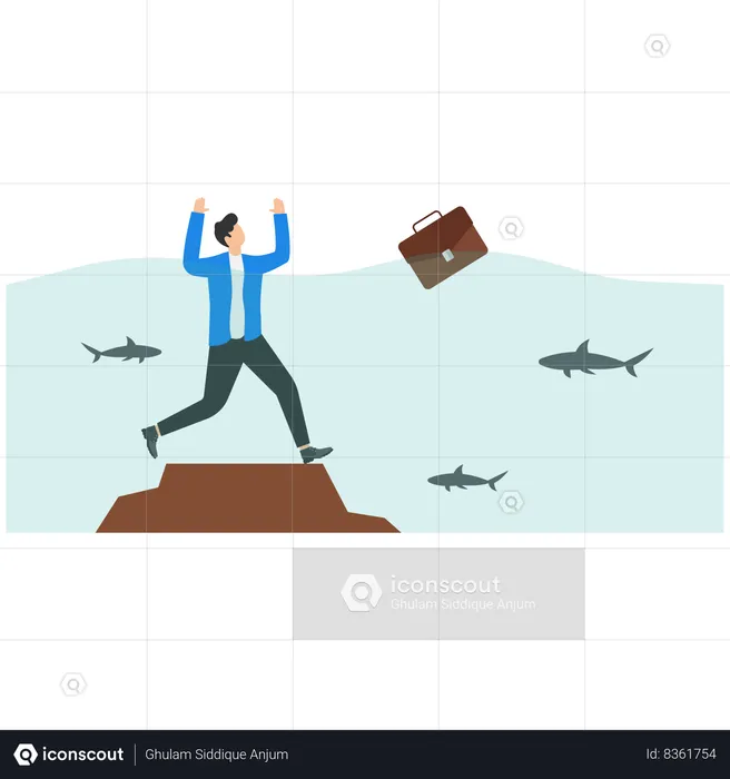 Businessman drowning in water full of sharks  Illustration