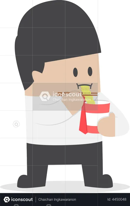 Businessman eating instant noodle cups  Illustration