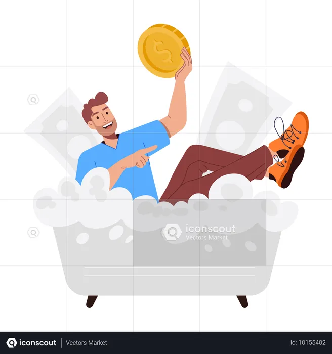 Businessman enjoys Money Bath in bathroom  Illustration