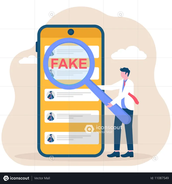 Businessman examining fraudulent messages using magnifier  Illustration