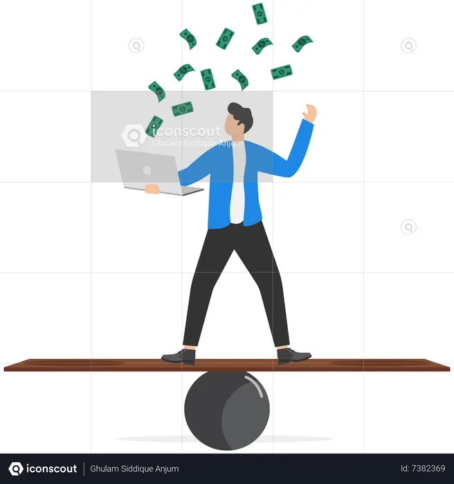 Businessman expertise riding seesaw making money from laptop  Illustration