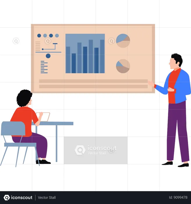 Businessman explaining to a girl about graphs on the board  Illustration