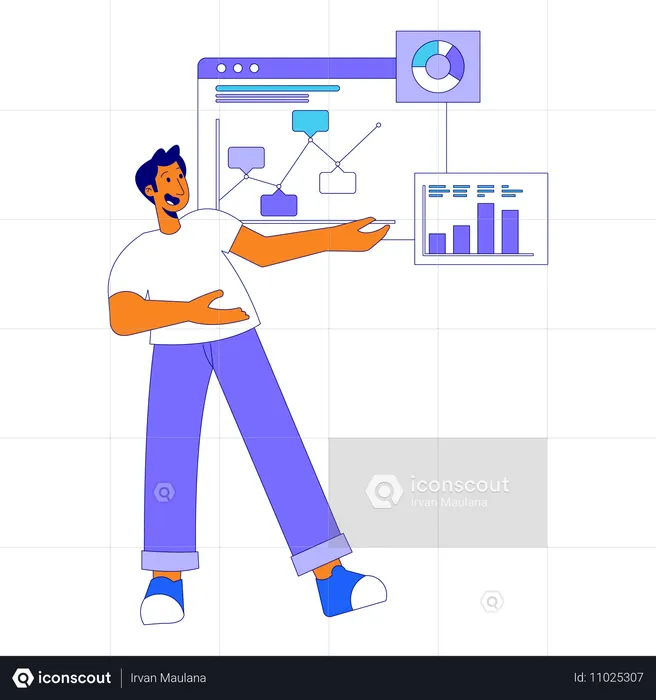 Businessman explains flow chart in meeting  Illustration