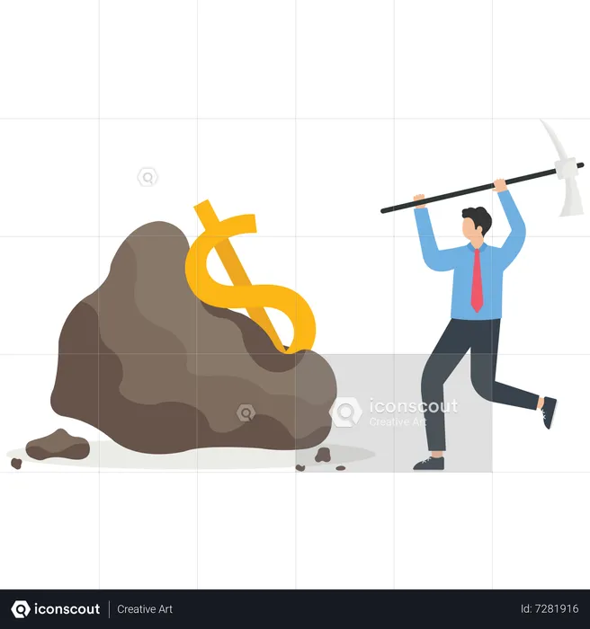 Businessman extracts dollar from cobblestone with pickaxe  Illustration