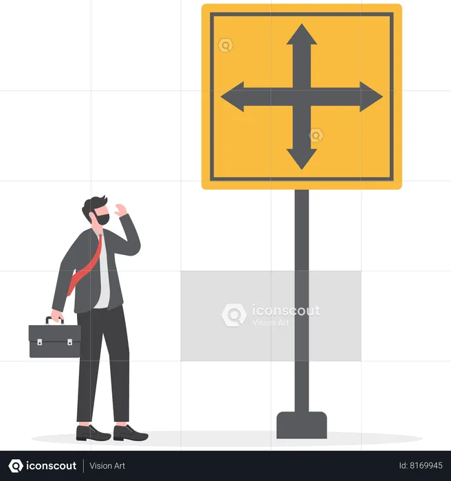 Businessman faces confusion in choosing right path  Illustration