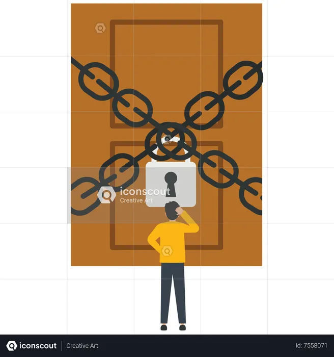 Businessman facing a door bound by chains  Illustration