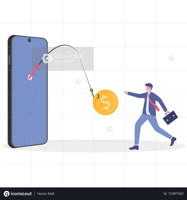 Businessman facing mobile phone banking scam  Illustration