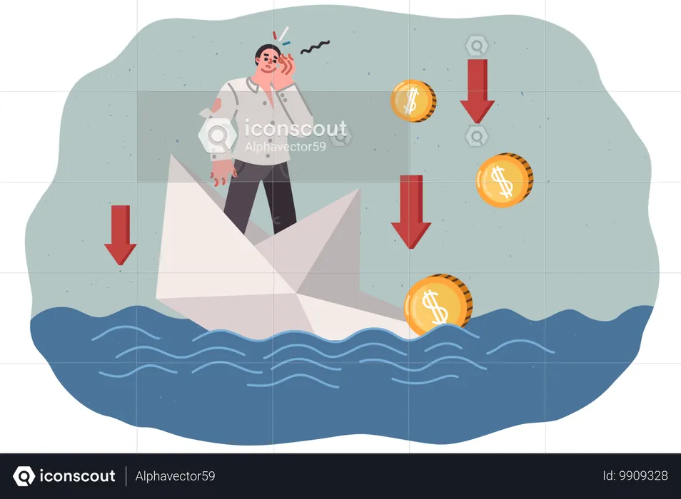 Businessman failed and is at risk of going bankrupt due to crisis, stands on sinking paper ship  Illustration