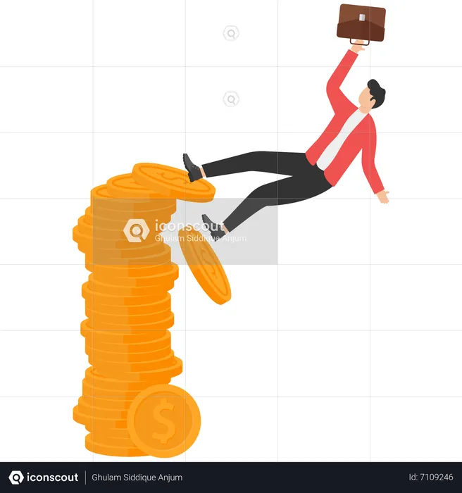 Businessman Falls From A Stack Of Coins  Illustration