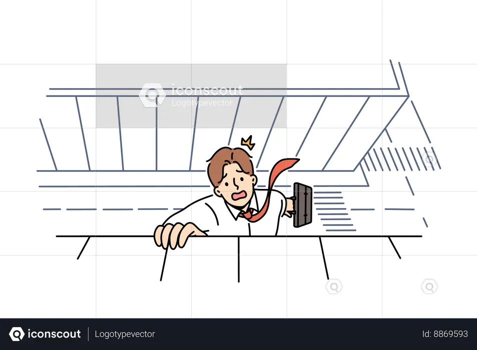 Businessman falls from roof building, trying to hold on and call for help  Illustration