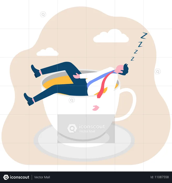 Businessman fast asleep in large coffee cup  Illustration