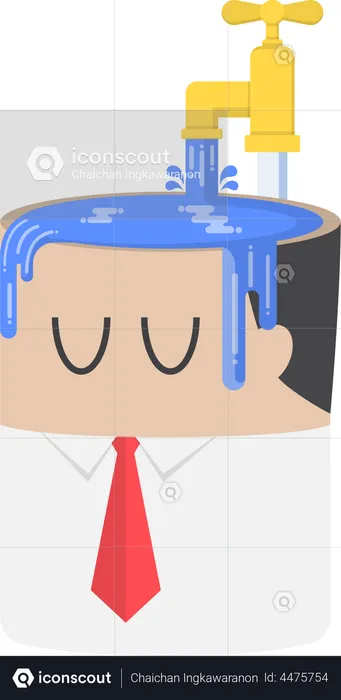 Businessman fill water into his head until overfull  Illustration