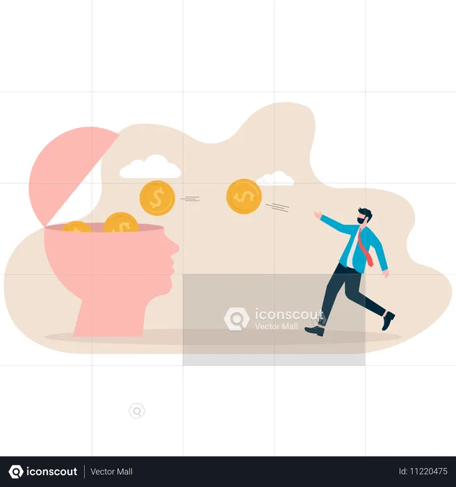 Businessman fills his brain with money ideas  Illustration