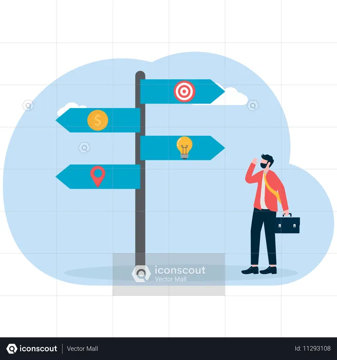사업 목표에 대한 올바른 방향을 찾는 사업가  일러스트레이션