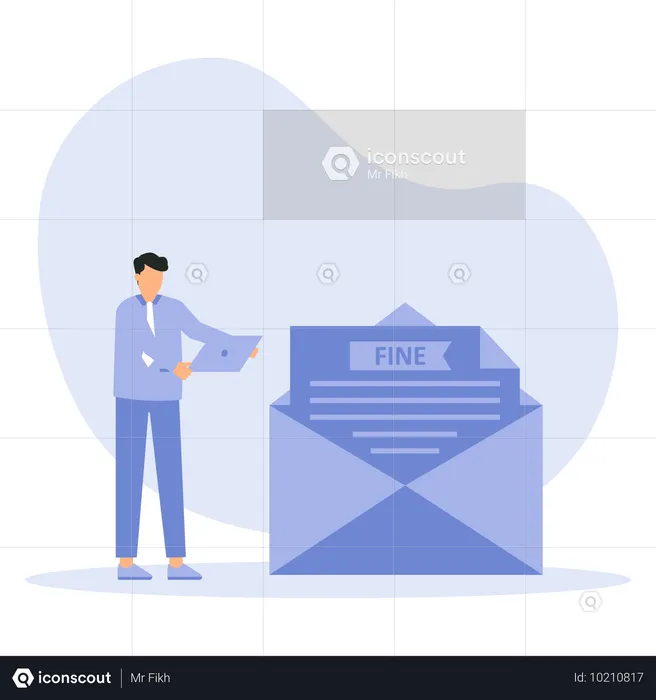 ビジネスマンへの郵送による罰金と封筒に入った処罰文書  イラスト