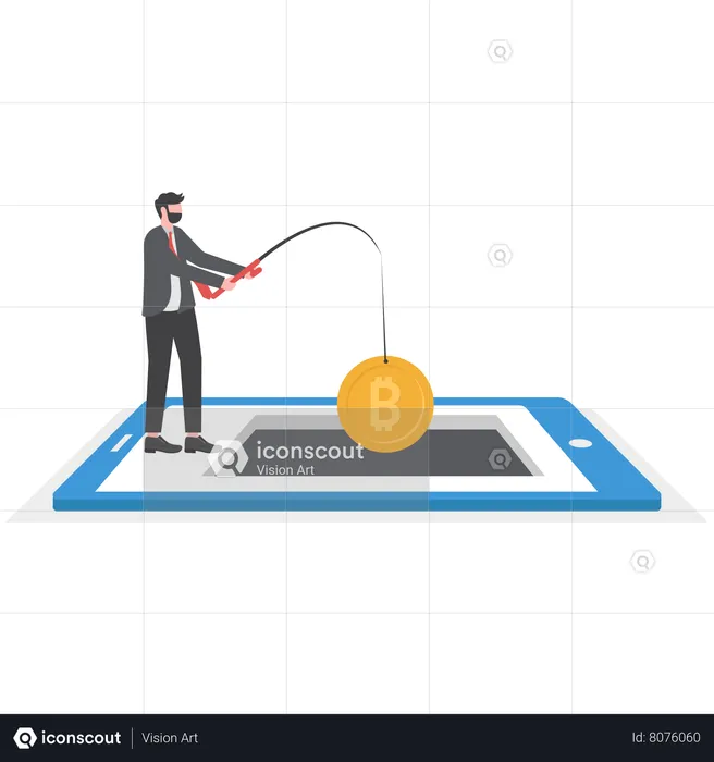 Businessman Fishing Rod Giant Bitcoin Mining Growth Wealth  Illustration