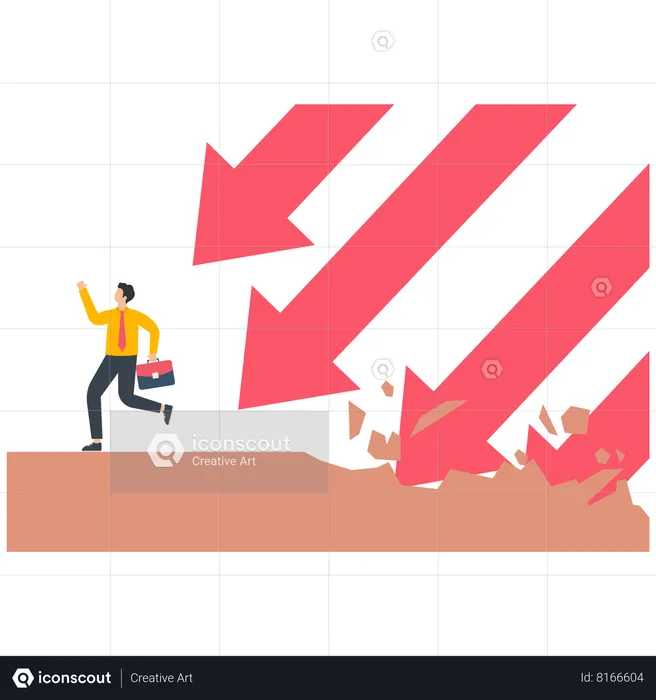 Businessman fleeing a group of falling arrows destroying the ground  Illustration