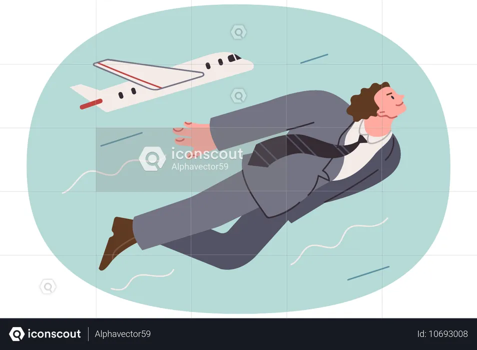 Businessman flies in sky near airplane  Illustration