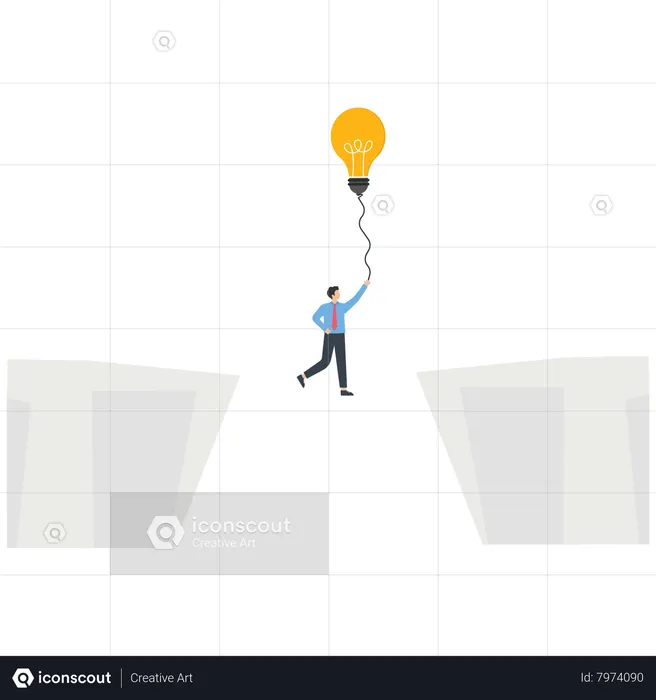 Businessman floating up in between a cliff by light bulb balloon  Illustration