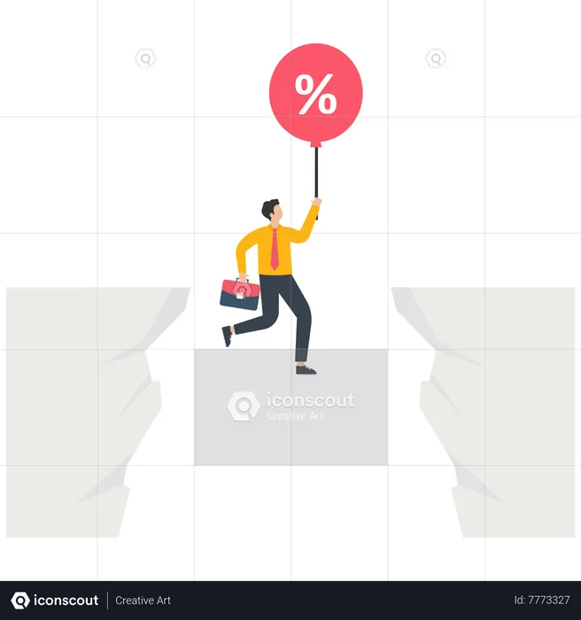 Businessman floating up in between a cliff by percentage symbol balloon  Illustration