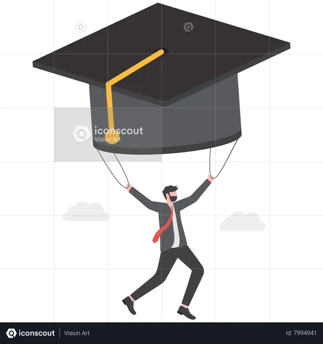 Businessman fly graduation mortar hat balloon see future vision  Illustration