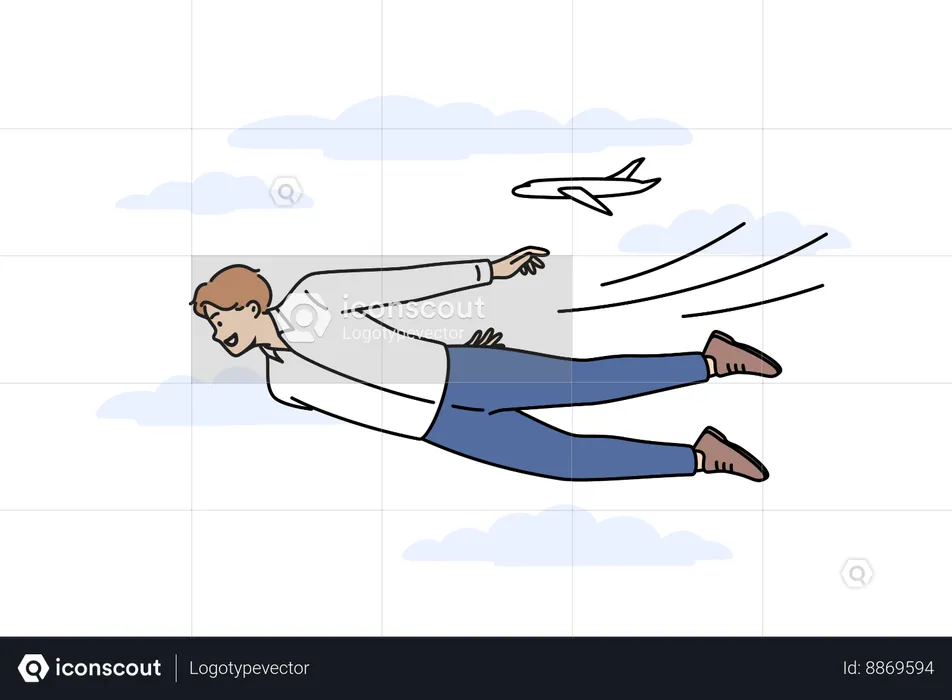 Businessman flying in sky near airplane  Illustration