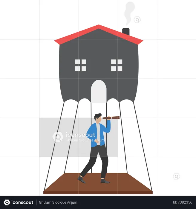 Businessman flying on house balloon to see vision  Illustration