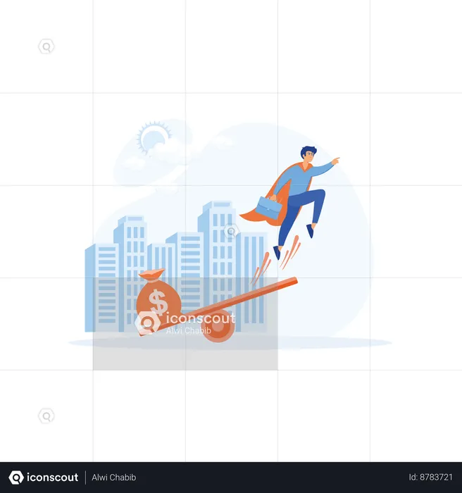 Businessman flying up and  bag full of money on scale  Illustration
