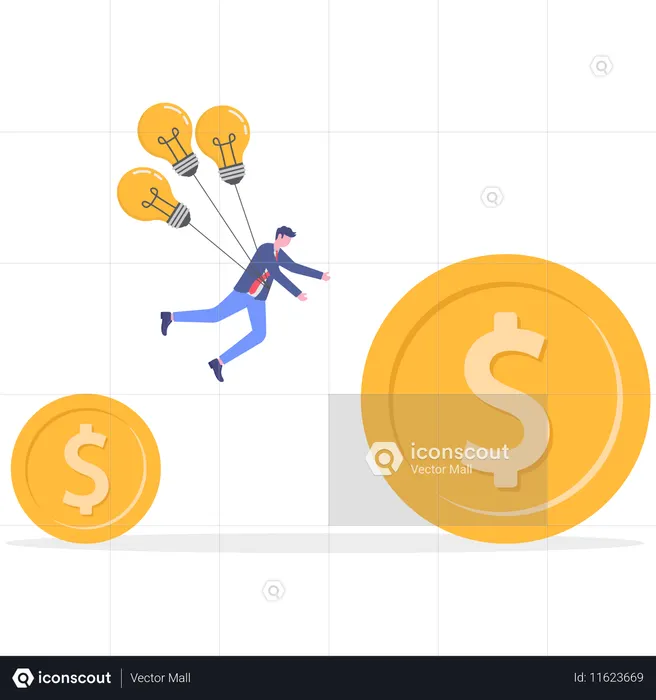 Businessman flying with bulb for earning money  Illustration