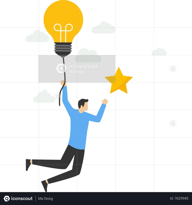 Businessman flying with light bulb idea to catch stars in sky  Illustration