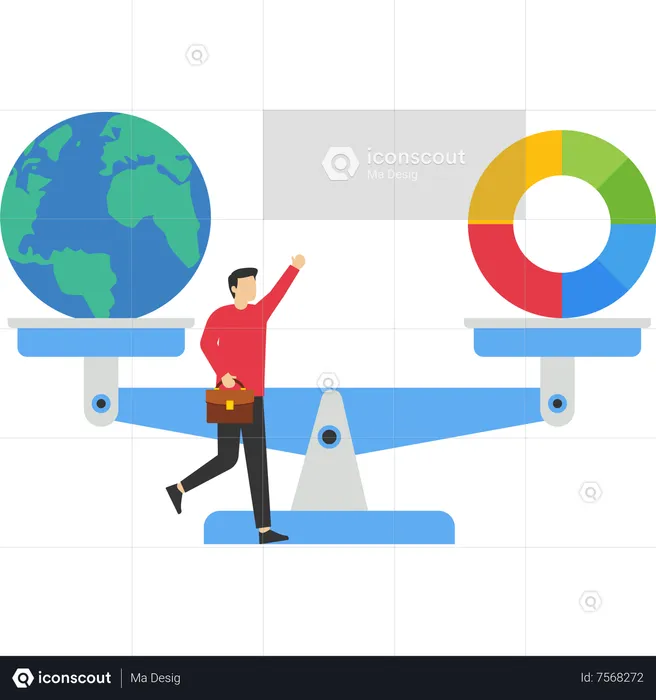 Businessman fund manager balance pie chart with globe  Illustration
