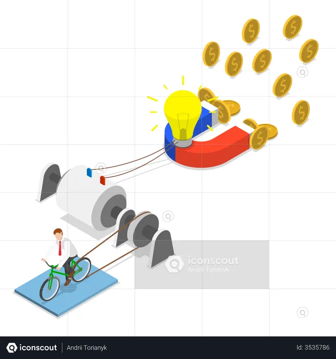 Businessman generates energy for lighting bulb and attracting money using magnet  Illustration