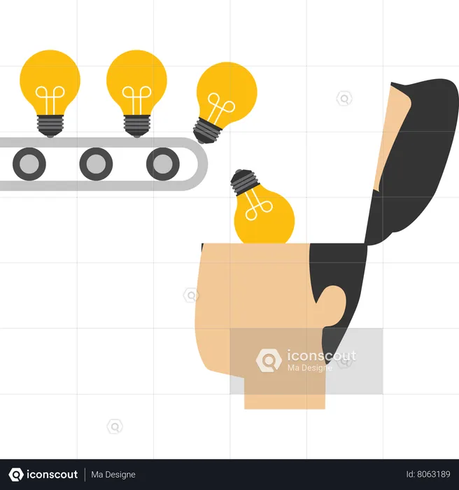 Businessman gets great idea light bulbs by production line  Illustration